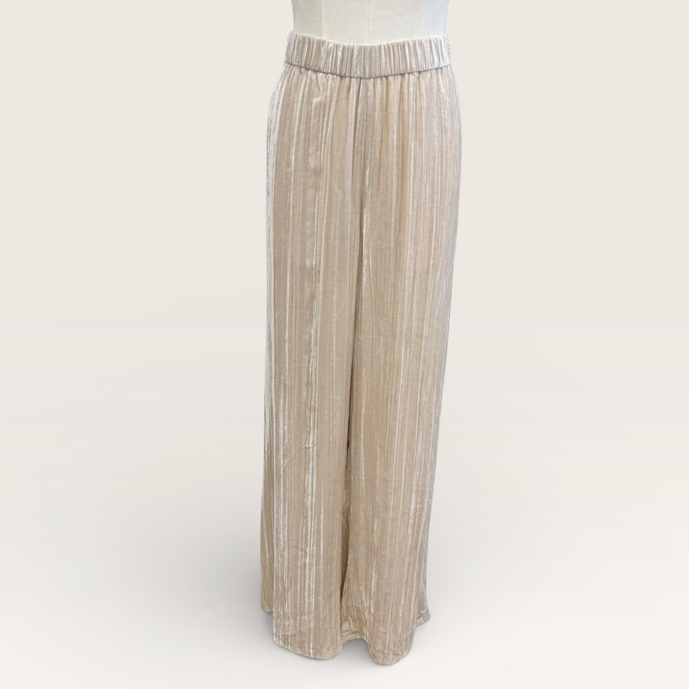 Eileen Fisher Large Almond Crushed Velvet Wide-Leg Crop Ankle Pants NWT $288